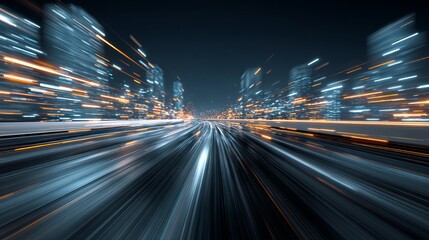 Dynamic abstract motion blur of a futuristic city at night, visualizing rapid technological advancement and urban energy flow with vibrant light trails.