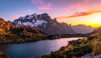 Majestic mountain range reflecting in a tranquil alpine lake at sunset