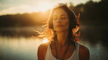 Woman enjoying music with headphones in nature at sunset, a moment of serenity and peace. Meditation.