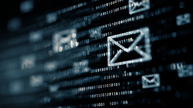 Secure digital communication concept with glowing email icons and binary code streams flowing on a dark futuristic background
