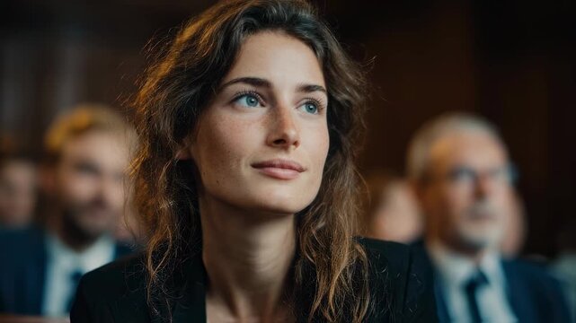 Focused medium shot of a legal advisor highlighting ethical implications of AI in urban services with attentive council members softly out of focus behind.