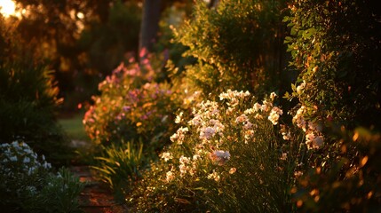 Sunlit garden scene with white flowers and lush greenery.