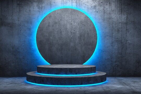 Neon blue circular pedestal against concrete wall with glowing texture