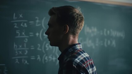 Thoughtful Young Man in Plaid Shirt at Blackboard Covered in Math Equations Under Dim Lighting, Academic Study - Powered by Adobe