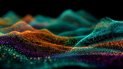 Dynamic digital landscape of glowing particles forming abstract waves and peaks, representing data flow and connectivity in a vibrant, futuristic network.