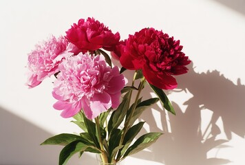 Pink and Red Peony Bouquet - Floral Close-up with Light and Shadow on White Background