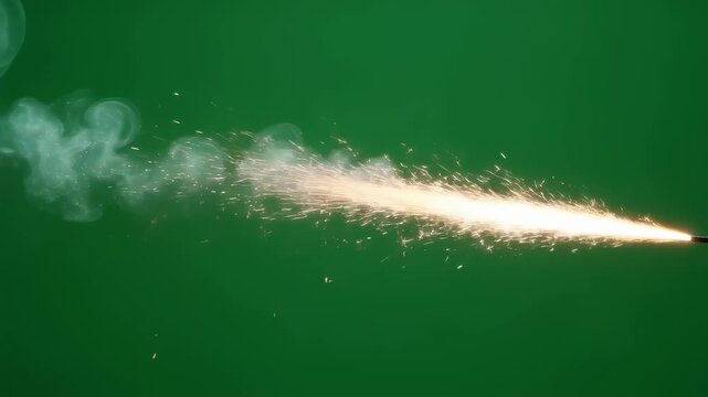 Burning firework fuse sparkling with intense white smoke and glowing flames against green screen background, featuring detailed close up ignition for visual effects and motion graphics