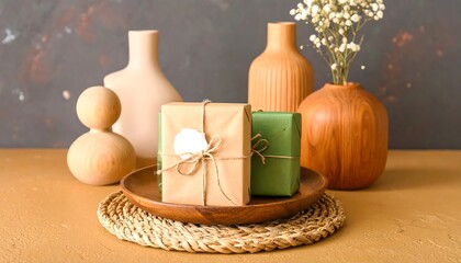 Elegant still life with gift boxes vases and flowers on a decorative tray