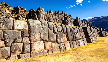 Ancient stone wall, sunlit landscape