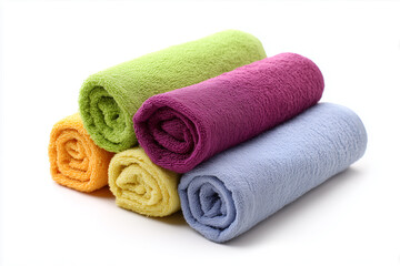 Colorful rolled towels arranged neatly on a white background