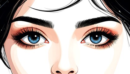 Close-up illustration of a woman's expressive eyes, highlighting detailed eyelashes and vibrant blue irises against a stark white background.
