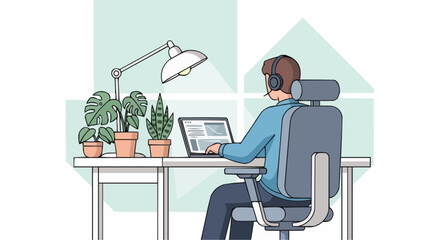 Illustration of man working from home office with laptop desk plants and headset for remote work setup vector