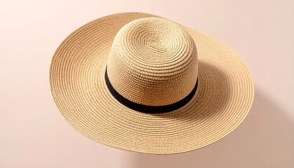 Elegant straw sun hat with a black ribbon on a soft pink background, summer vibe