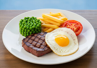 Steak with egg, fries, green peas, simple balanced tasty breakfast