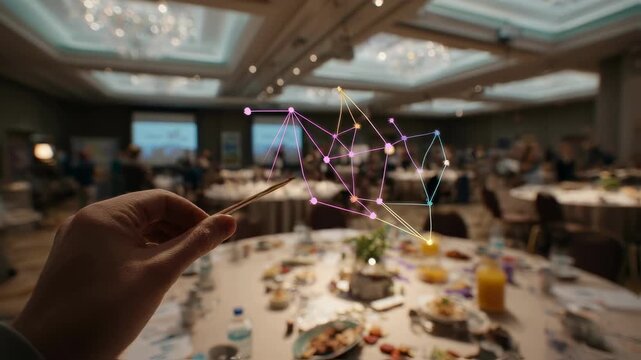 Medium shot capturing a hand holding a pointer stick directed at the Effect node on a fishbone diagram with the rest of the rooms activity out of focus.
