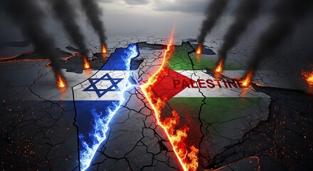 Israel and palestine flags on cracked earth with fire and smoke symbolizing conflict and tension