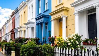 Colorful row houses in Notting Hill, London showcasing vibrant facade designs