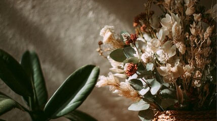 Dried flower arrangement and green plant casting shadows on a wall.