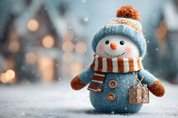 Cheerful snowman in a winter landscape with festive ecorations spreading holidy joy and greetings for Chistmas and New Year celebrtions