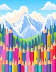Colorful pencils in front of a snowy mountain landscape