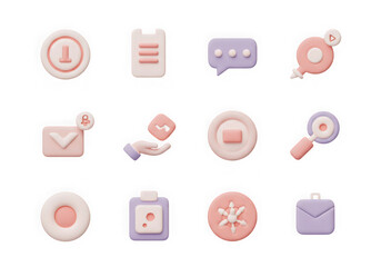Set of 12 pastel 3d icons for communication, finance, and business isolated on transparent background