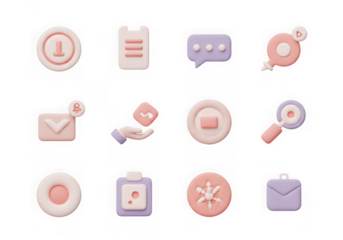 Set of 12 pastel 3d icons for communication, finance, and business isolated on transparent background