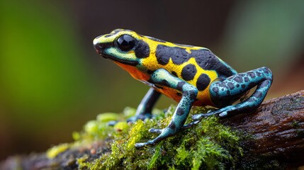 Fototapeta premium Colorful poison dart frog sitting mossy rainforest branch exotic amphibian wildlife captured in macro photography with natural details