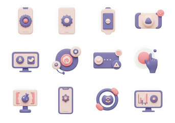 Assortment of 12 pastel 3d icons for digital controls, settings, and user interaction, isolated on transparent background