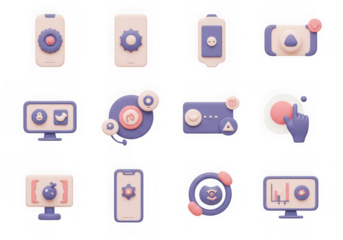 Assortment of 12 pastel 3d icons for digital controls, settings, and user interaction, isolated on transparent background