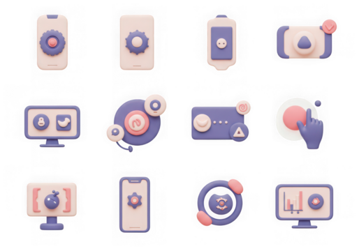Assortment of 12 pastel 3d icons for digital controls, settings, and user interaction, isolated on transparent background