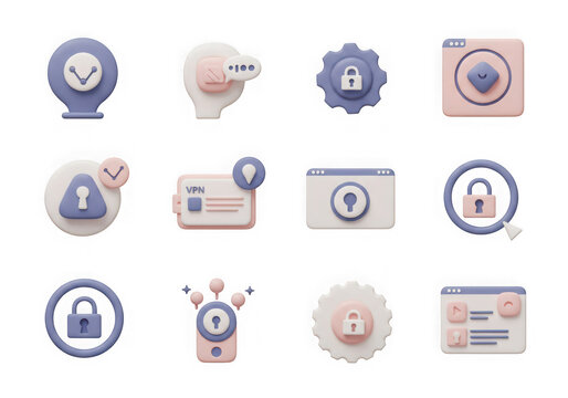 Assortment of 3d security and technology icons, including locks, cameras, and data, isolated on transparent background