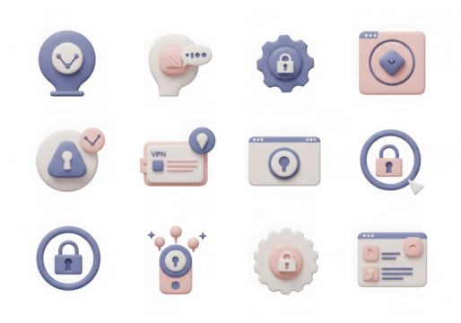 Assortment of 3d security and technology icons, including locks, cameras, and data, isolated on transparent background