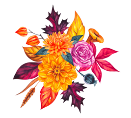 Autumn Watercolor Bouquet with Leaves Flowers. Perfect for DIY projects, cards, invitations, posters, scrapbooking, branding and packaging for both digital and print use. Autumn Clip Art