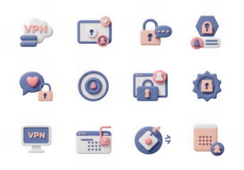 Set of 3d icons for vpn, cybersecurity, and digital privacy, isolated on transparent background