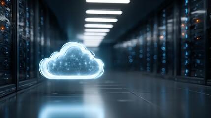 Futuristic glowing cloud symbol illuminates a modern data center server room, symbolizing digital transformation and innovation.
