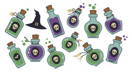 A collection of whimsical potion bottles in various shapes and sizes, filled with green and purple liquids, some adorned with skull labels and bubbling effec...