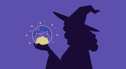 Silhouette of a witch holding a glowing crystal ball depicting constellations and a crescent moon against a purple background.