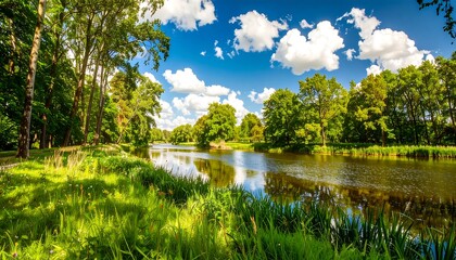 Fototapeta premium Lush parkland with a serene lake