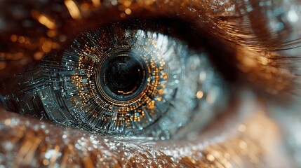 Futuristic cybernetic eye with intricate glowing circuits, symbolizing advanced AI and technological vision for innovation and data analysis.