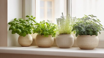 Four potted herbs on a windowsill in natural light, basil, parsley, thyme, and oregano.