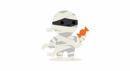Cartoon mummy character holding an orange candy, isolated on a white background, perfect for Halloween.