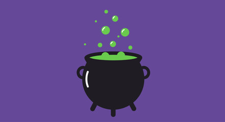 Cartoon cauldron with bubbling green potion on a purple background.