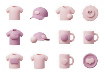 Collection of pink and purple tshirts, caps, and mugs with heart details isolated on transparent background