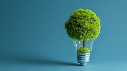 Vibrant green tree growing inside a clear lightbulb symbolizing eco-friendly ideas and sustainable innovation on a clean blue background