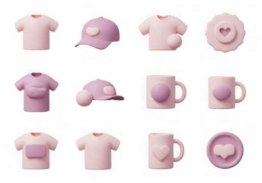 Collection of pink and purple tshirts, caps, and mugs with heart details isolated on transparent background