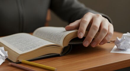 Obraz premium Hand flipping pages of a textbook with pencils on desk. Educational concept, close and realistic.