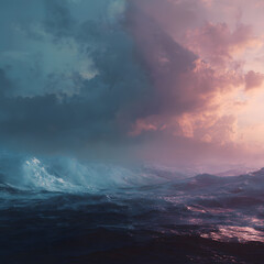 Fototapeta premium A dark night over the ocean with vibrant colored clouds blocking the sunrise and little bit wavy waves weather