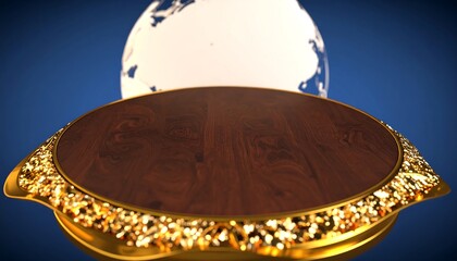 Elegant wooden table with golden details and a globe against a blue backdrop