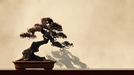 A beautifully sculpted bonsai tree with a dark, twisted trunk sits in a pot, casting a shadow against a warm, textured wall.