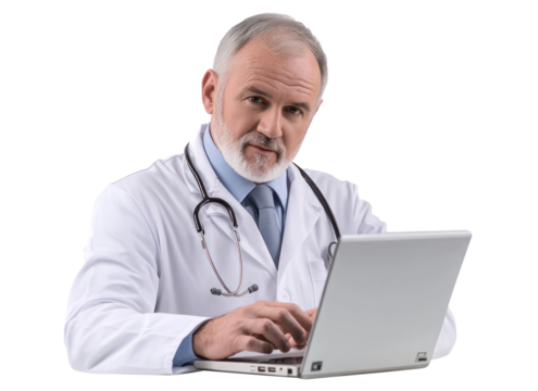 PNG Mature white doctor looking young and smart using laptop looking at camera coat professional consultation.